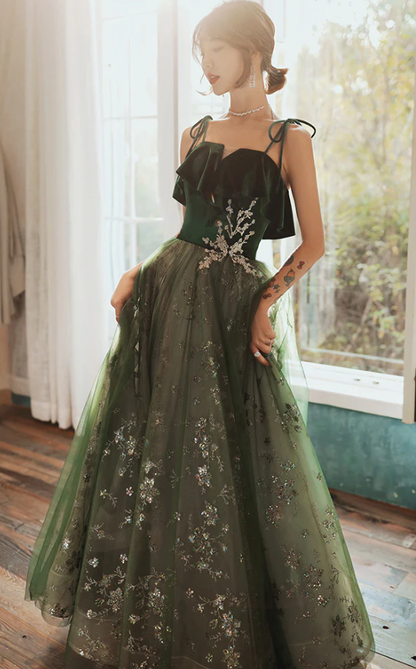 Beautiful Dark Green Straps Tulle with Velvet Party Dress, Green Evening Gown Prom Dress     fg1051