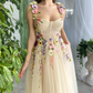 Light Champagne Ankle-Length Evening Gowns Colorful Pattern Appliques Formal Party Dresses 3D Flowers Straps Prom Dress   fg251