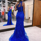 Charming Mermaid One Shoulder Royal Blue Lace Prom Dresses with Slit        fg2355