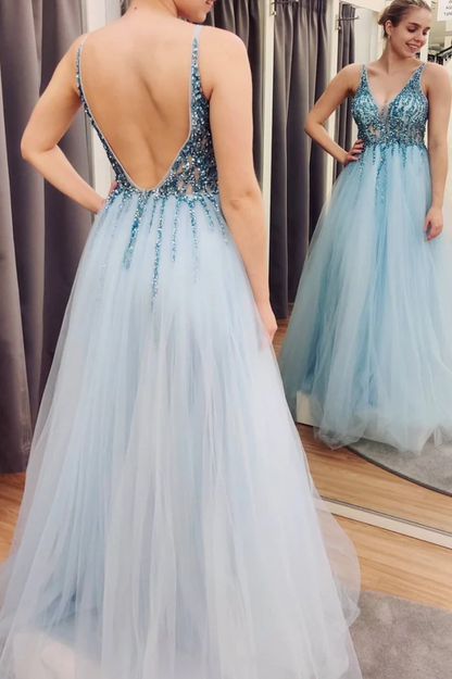 Blue tulle beads long A line prom dress evening dress      fg1891