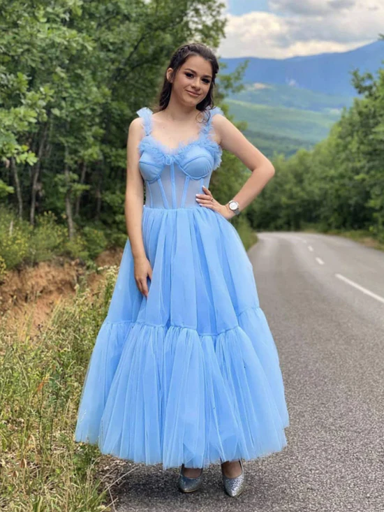 Blue sweetheart neck tulle tea length prom dress, blue homecoming dress fg2653