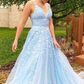 A-Line V-Neck Sleeveless Spaghetti Straps Light Blue Lace Long Prom Dresses    fg3089