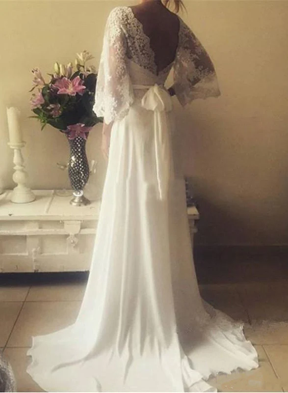 2023 Cheap A Line V Neck Lace Sleeves Back Bowknot Wedding Dresses      fg1956