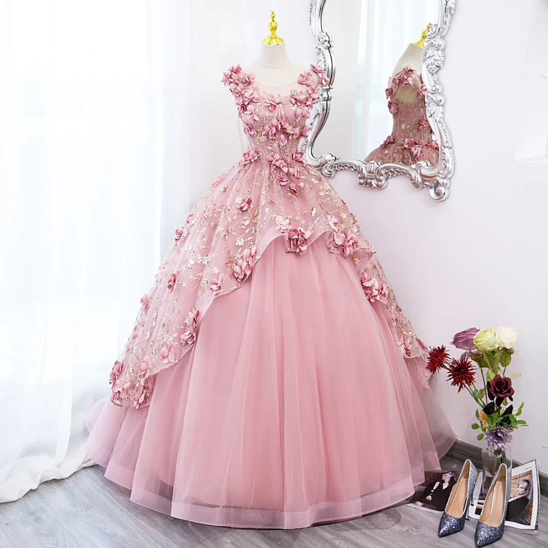 Lovely Pink Tulle Long Party Dress With Flowers, Pink Tulle Sweet 16 Gown    fg3286