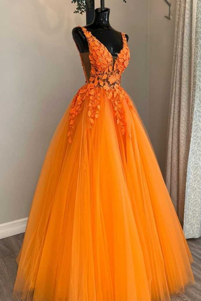 Gorgeous Orange V-Neck Floral Tulle Long Prom Dress    fg3198