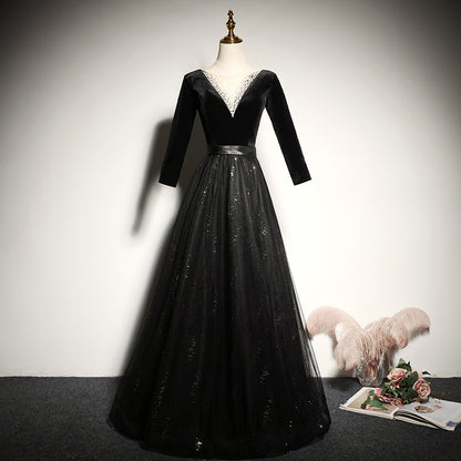 evening dress new black long-sleeved velvet dress party dress prom dress      fg139