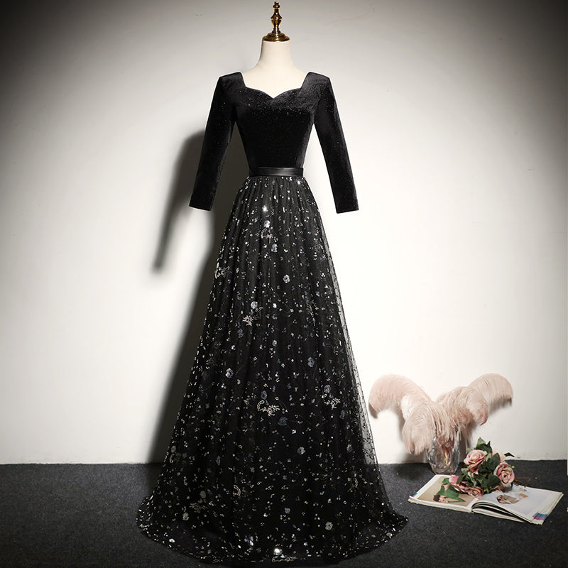 Black velvet evening dress new long-sleeved prom dress      fg182