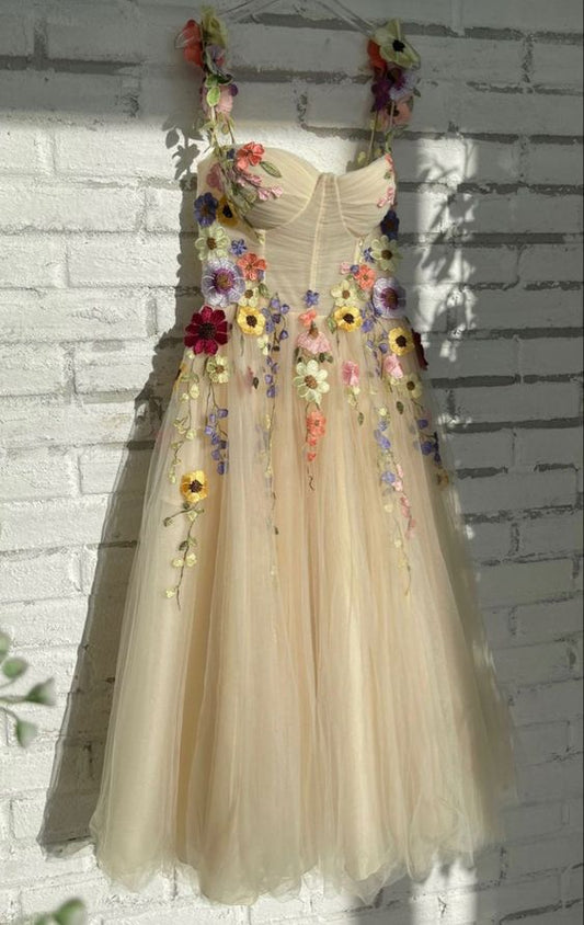 Light Champagne Ankle-Length Evening Gowns Colorful Pattern Appliques Formal Party Dresses 3D Flowers Straps Prom Dress   fg251