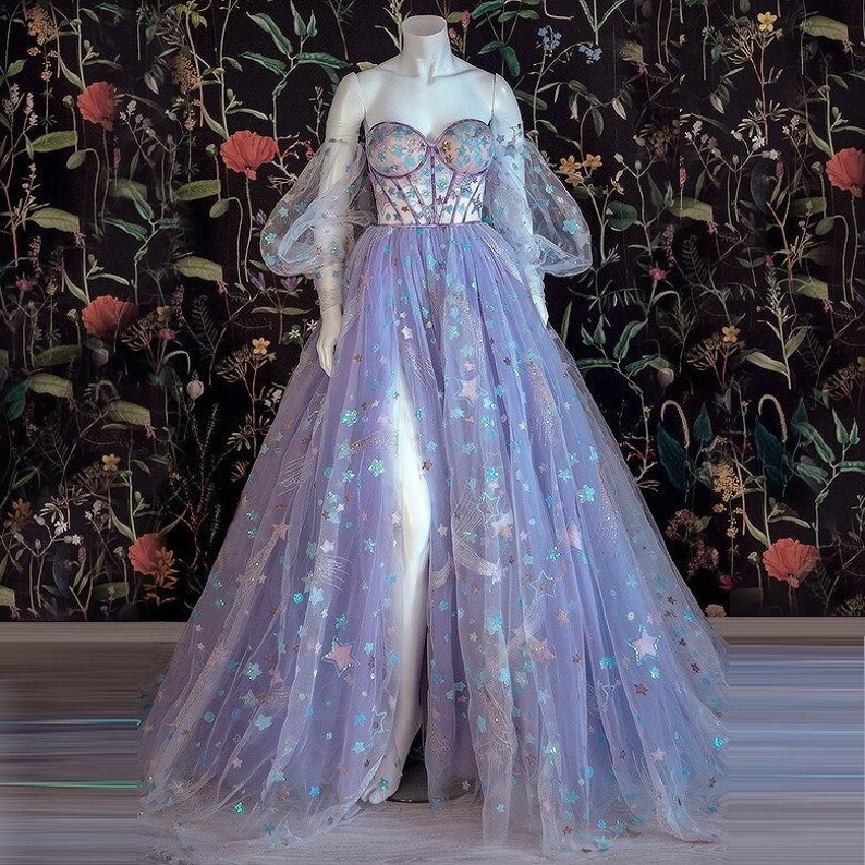 Beautiful Light Purple Tulle Dress Floral Dress Off Shoulder Sweetheart Dress A-line Evening Dresses With Slit Prom Dress fg256