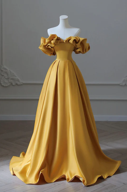 Yellow satin long ball gown dress formal prom dress     fg266