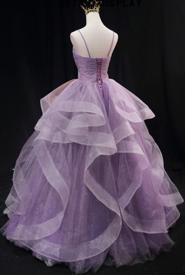 Purple tulle long prom dress A line evening gown      fg267