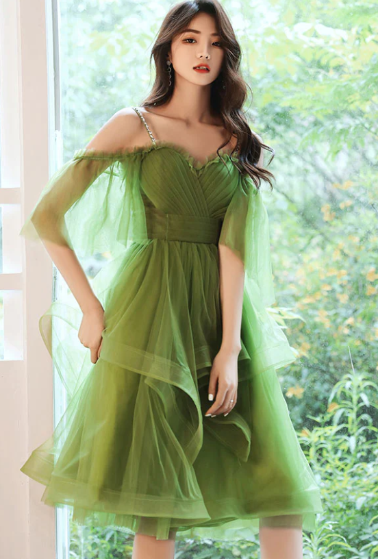 Green sweetheart neck green tulle prom dress, puffy green homecoming dress   fg281