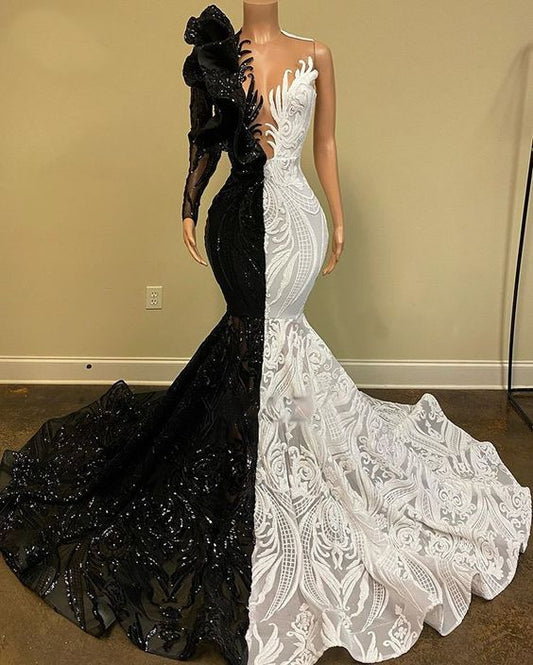 Black and white prom dress, lace prom dresses, mermaid prom dress, long sleeve prom dress, vintage prom dresses, sparkly prom dresses     fg301