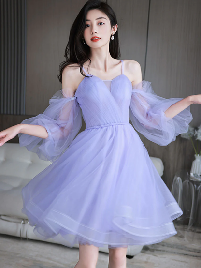 Purple sweetheart neck tulle short prom dress purple homecoming dress     fg375