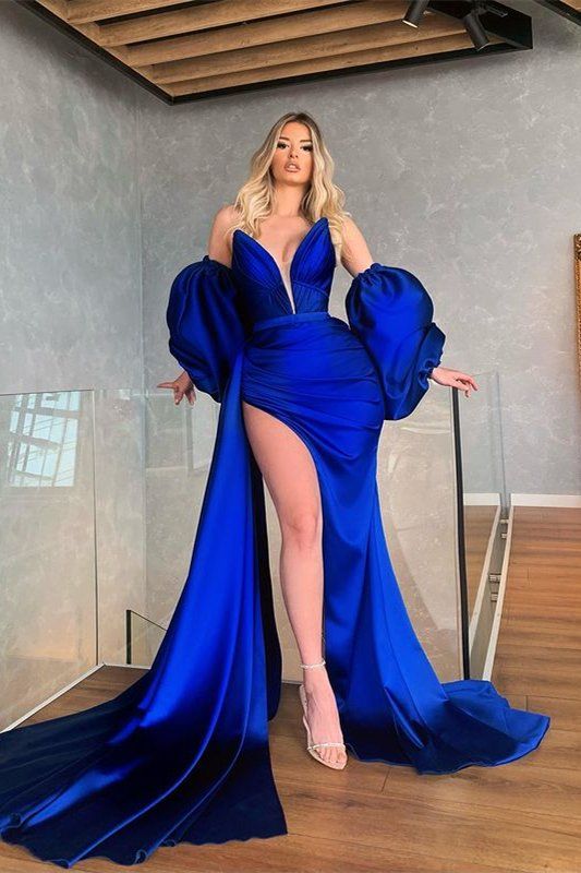 Amazing Royal Blue Removable Sleeves Mermaid Prom Dress With Slit    fg394