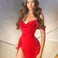 Red Satin Party Dress Off-the-Shoulder Prom Dress Split     fg395