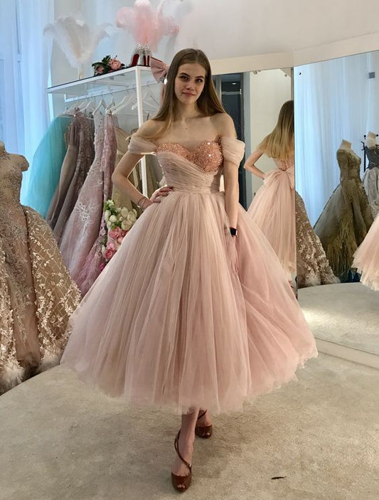 Tulle Pink Prom Dress Tea Length Prom Dress      fg398