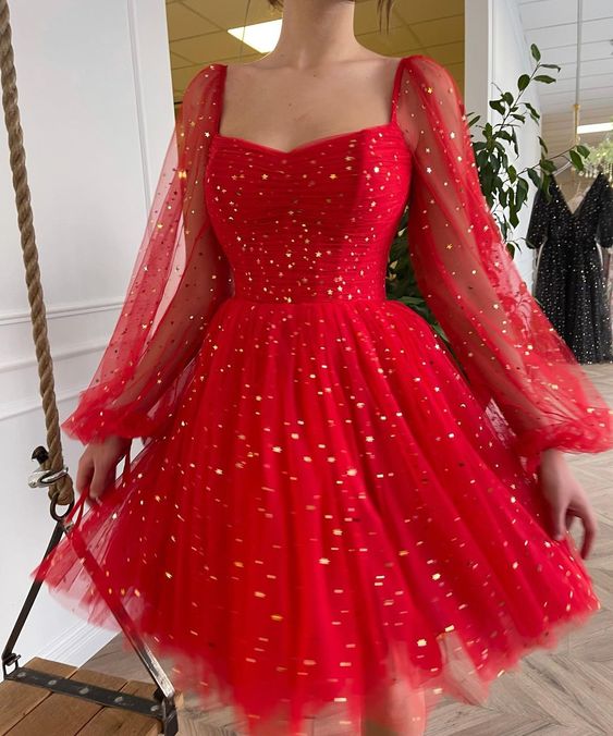 Tulle Ball Gown Long Sleeve Bling Sequins Short Mini Knee Girls Party Homecoming Dresses      fg409