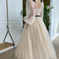 New Arrival Champagne V-Neck Long Puff Sleeves Dot Tulle Prom Dress Elegant A-Line Tea Length Evening Dress       fg421