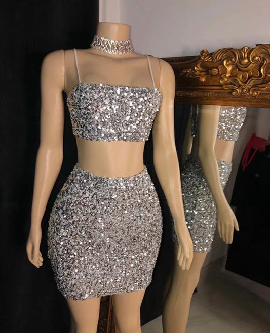 Glitter Shinny Evening Dresses Short 2 Piece Silver Mermaid Sexy Formal Dresses Short Prom Dress         fg447