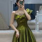 GREEN SATIN LONG PROM DRESS A LINE EVENING DRESS         fg456