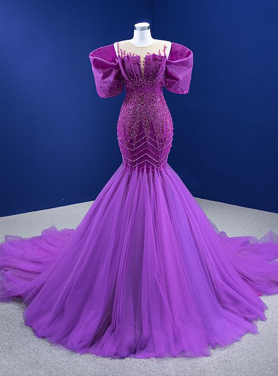 Purple Mermaid Tulle Beading Pearls Prom Dress         fg457