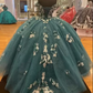 Dark Green Quinceanera Dresses 2022 Off the Shoulder Princess Pageant Ball Gown Flowers Beads Sweet 16 Floor Length Corset Back Birthday Party Wear       fg487