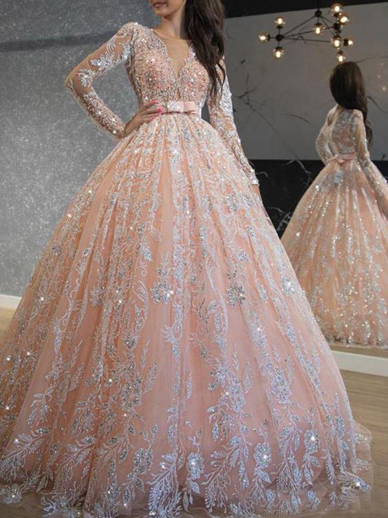 Pink Sequined Lace Ball Gown Prom Dresses Long Sleeve Formal Evening Dress     fg511