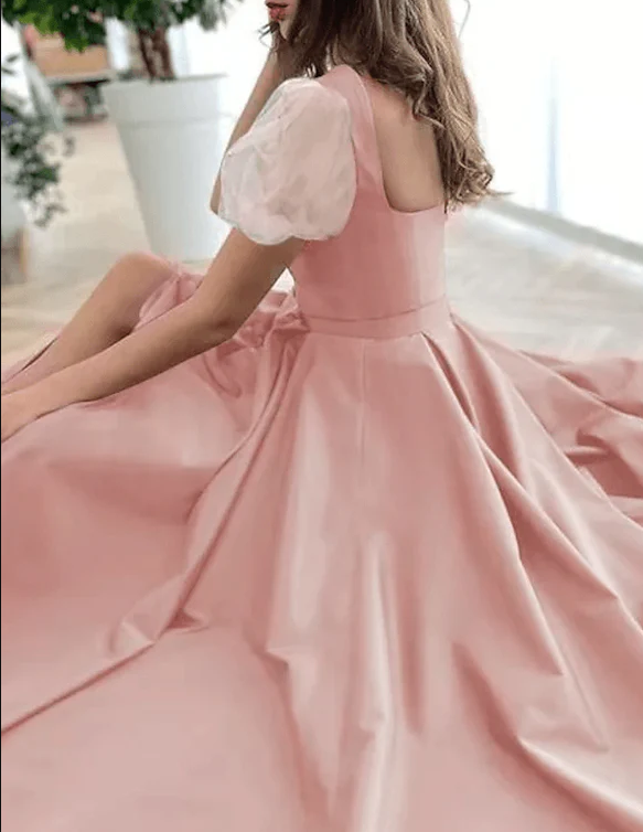 A-Line Elegant Vintage Engagement Pink Prom Dress Scoop Neck Short Sleeve Sweep / Brush Train Satin with Pleats Split        fg530