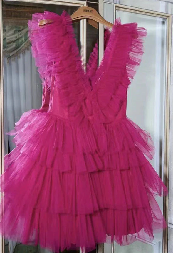 A Line Cute Hot Pink V Neck Short Homecoming Graduation Dresses, Mini Cocktail Dress    fg541