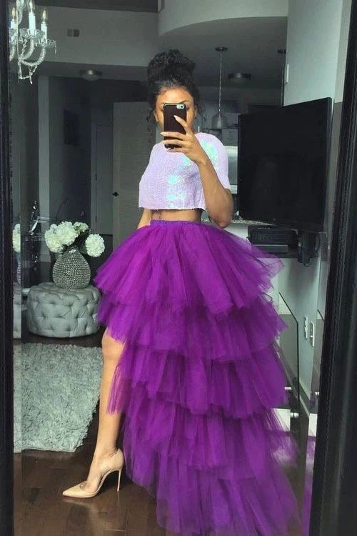 Two Piece Tulle Prom Dress Unique Prom Dress Purple Prom Dress For Women      fg565