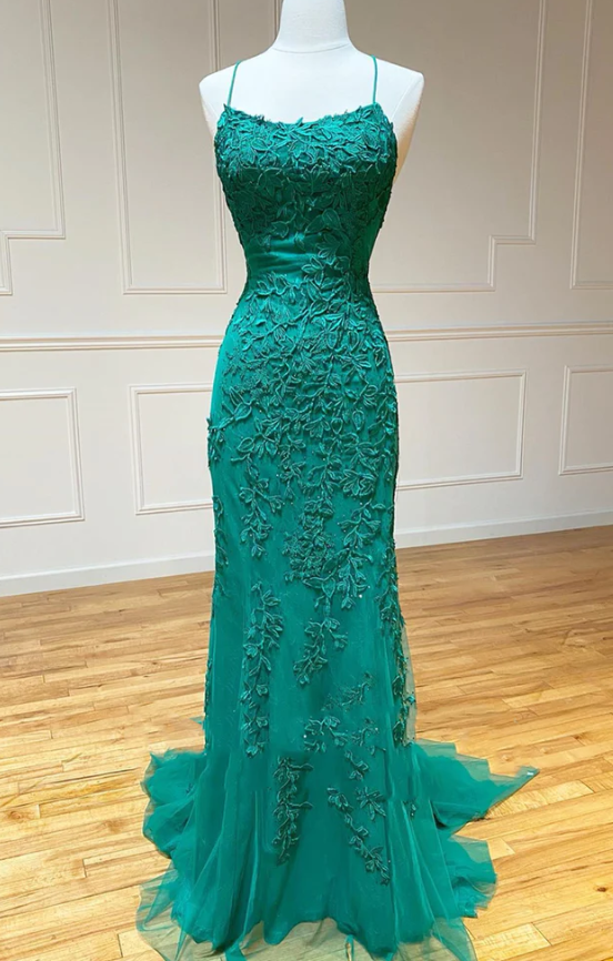 Open Back Green Mermaid Lace Prom Dresses, Backless Green Mermaid Lace Formal Evening Dresses        fg569