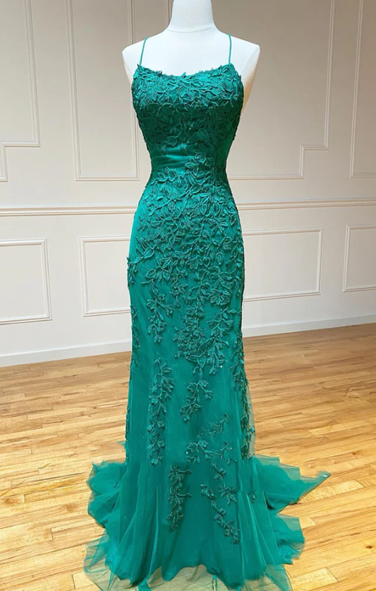 Open Back Green Mermaid Lace Prom Dresses, Backless Green Mermaid Lace Formal Evening Dresses        fg569