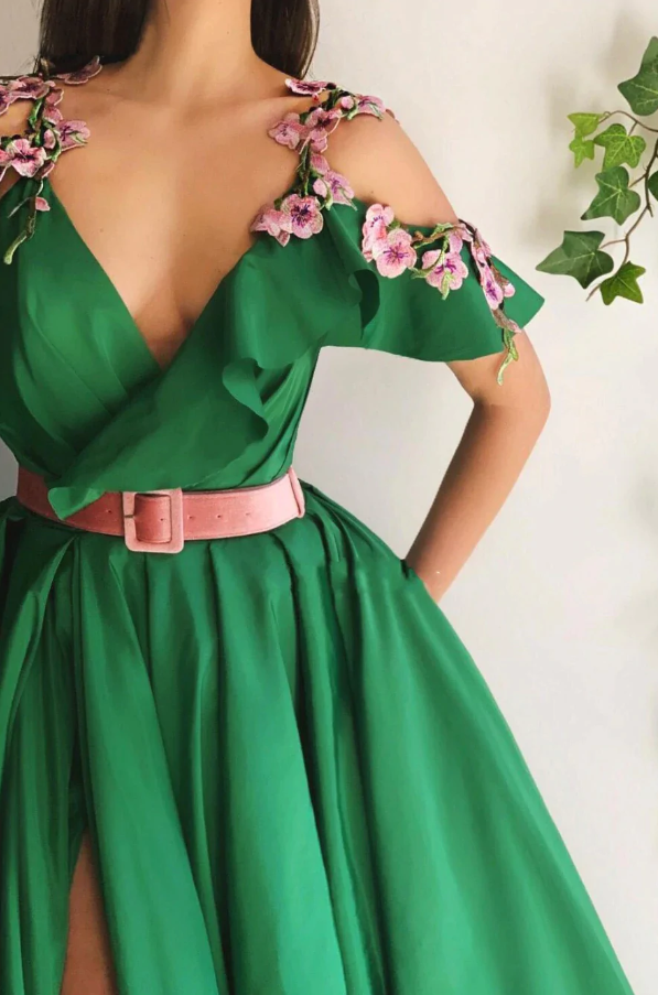 Green Satin Flower High Split Side Cold Shoulder Appliques Formal Gowns      fg571