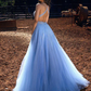 BLUE HALTER BEADINGS LONG PROM DRESS TULLE EVENING PARTY GOWNS     fg606