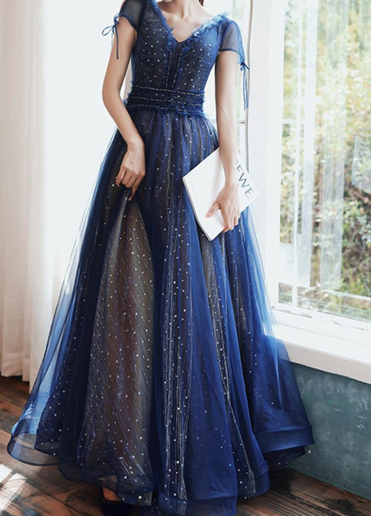 Stars Moon Sequins Prom Dress Navy Blue Long Evening Dress V Neck Banquet Dress Short Sleeve Girls Party Dress Graduation Dress       fg656