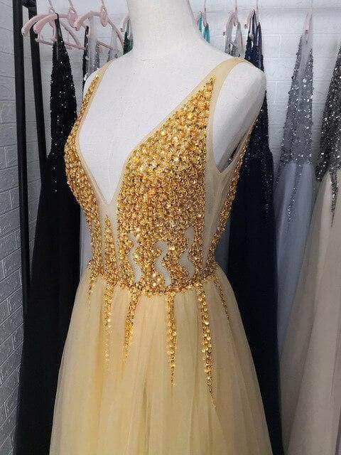 Gold V-Neck Prom Dresses     fg662