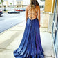 Straps Navy Blue Sequins Prom Dress with Slit      fg767