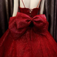 Deep red sparkle beaded thin strap V neck ball gown wedding dress with bow back   fg777