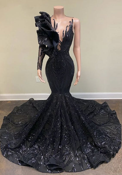 Black prom dresses, one shoulder prom dresses, lace prom dresses, arabic evening dresses, mermaid evening dress    fg81