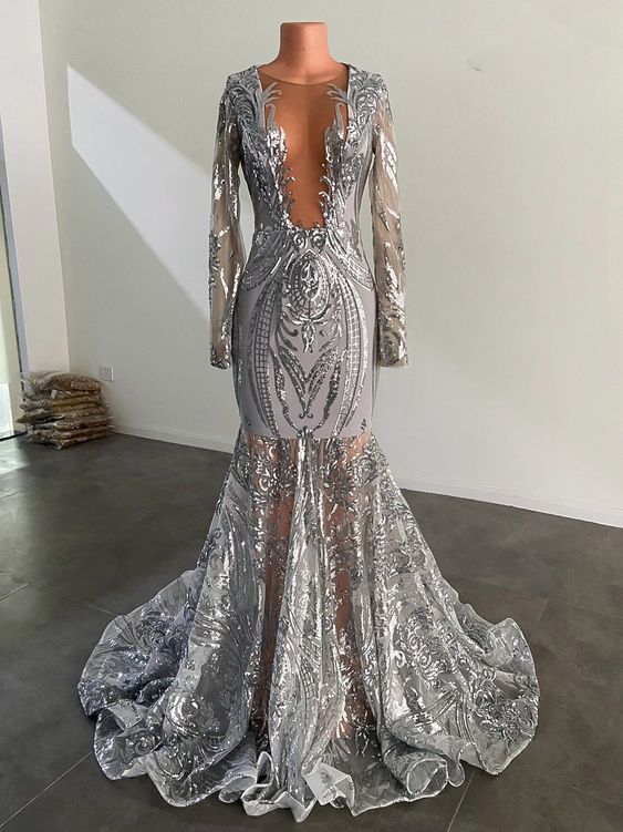 Sliver prom dresses, sparkly prom dresses, mermaid prom dresses, long sleeve prom dresses       fg810