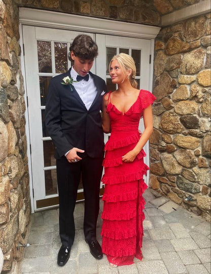 long red prom dresses, sexy lace evening dress with slit      fg833