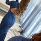 Mermaid Glitter Navy Sequins Mesh Evening Dress Backless Prom Dress      fg846