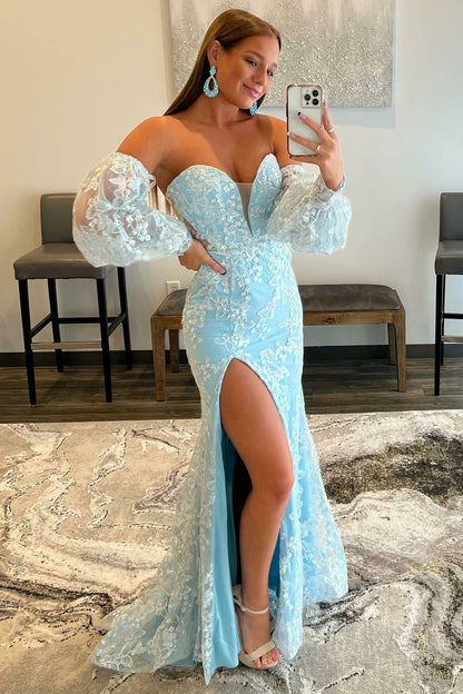 Light Blue Lace Strapless Puff Sleeve Long Prom Dress     fg93