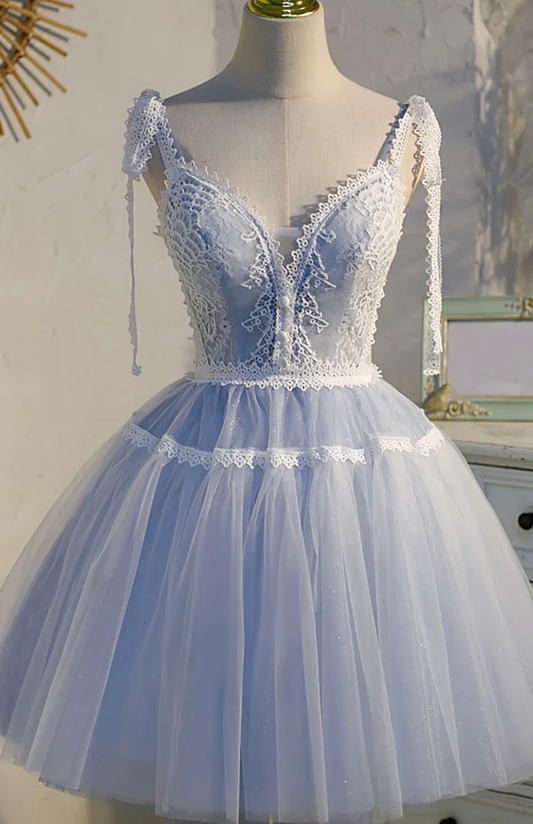 Blue lace short prom dress homecoming dress    fg962