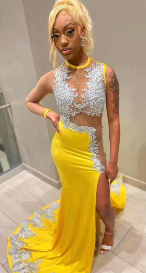 black girl yellow lace evening dresses,silver lace prom dresses, sexy evening dresses     fg996